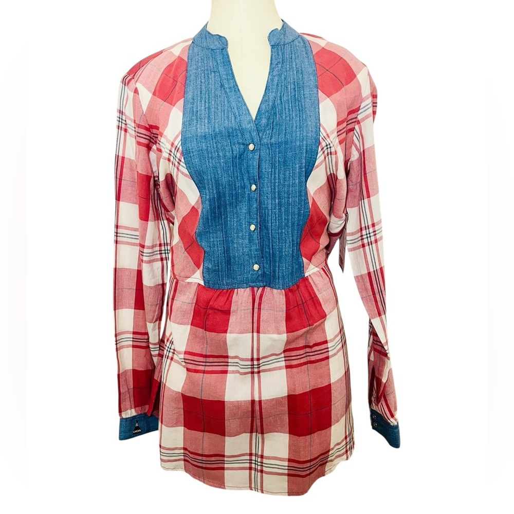 NWT Tasha Polizzi Red and Blue Plaid Denim Button-Up Shirt Size Medium